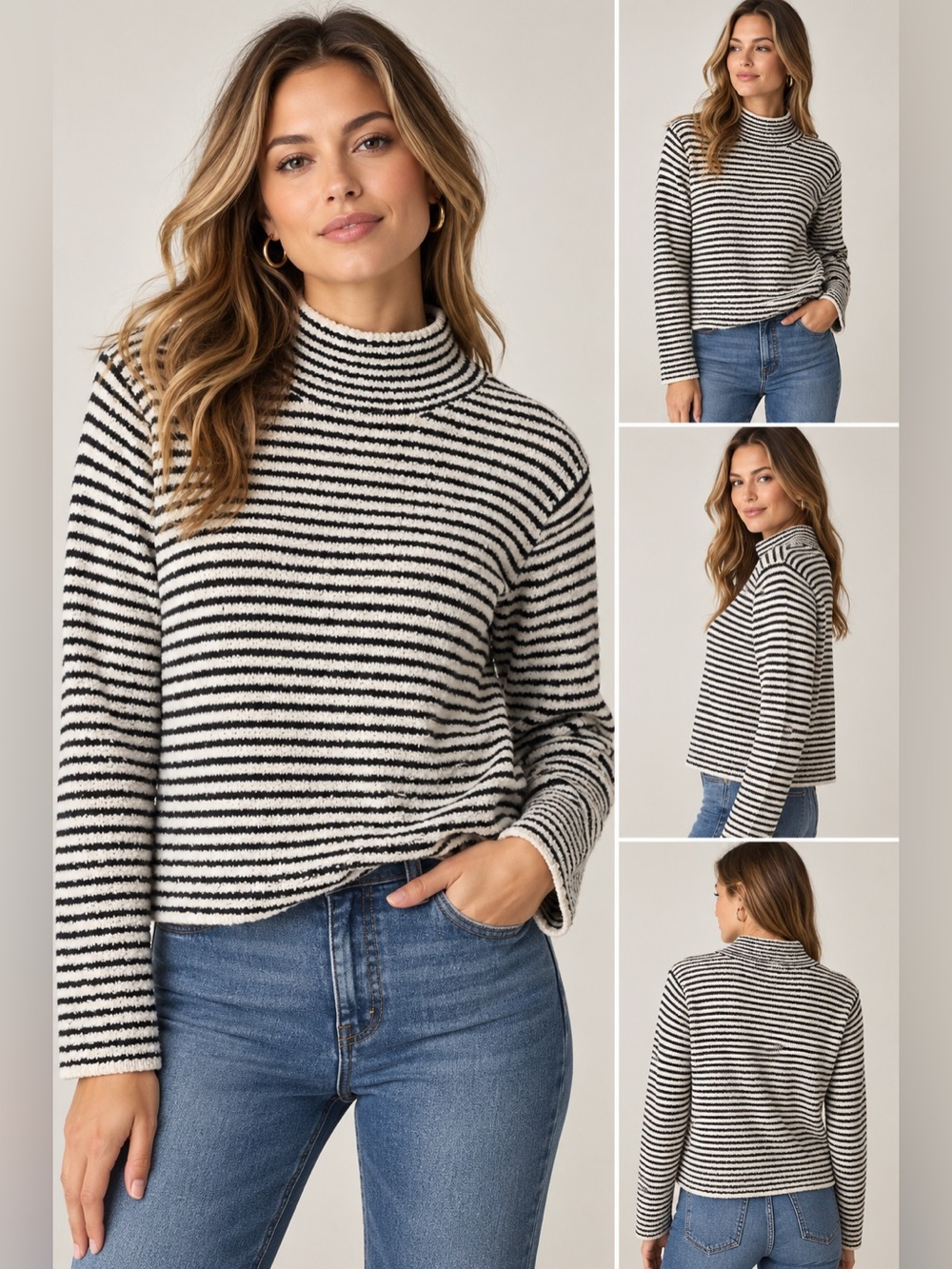 J.Crew Striped Mock Neck Sweater Black Ivory Textured Knit Pullover Preppy M
